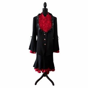 Elite Champagne Black 2pc Skirt Suit w/Red Appliqués and Satin Ruffles, Size 14
